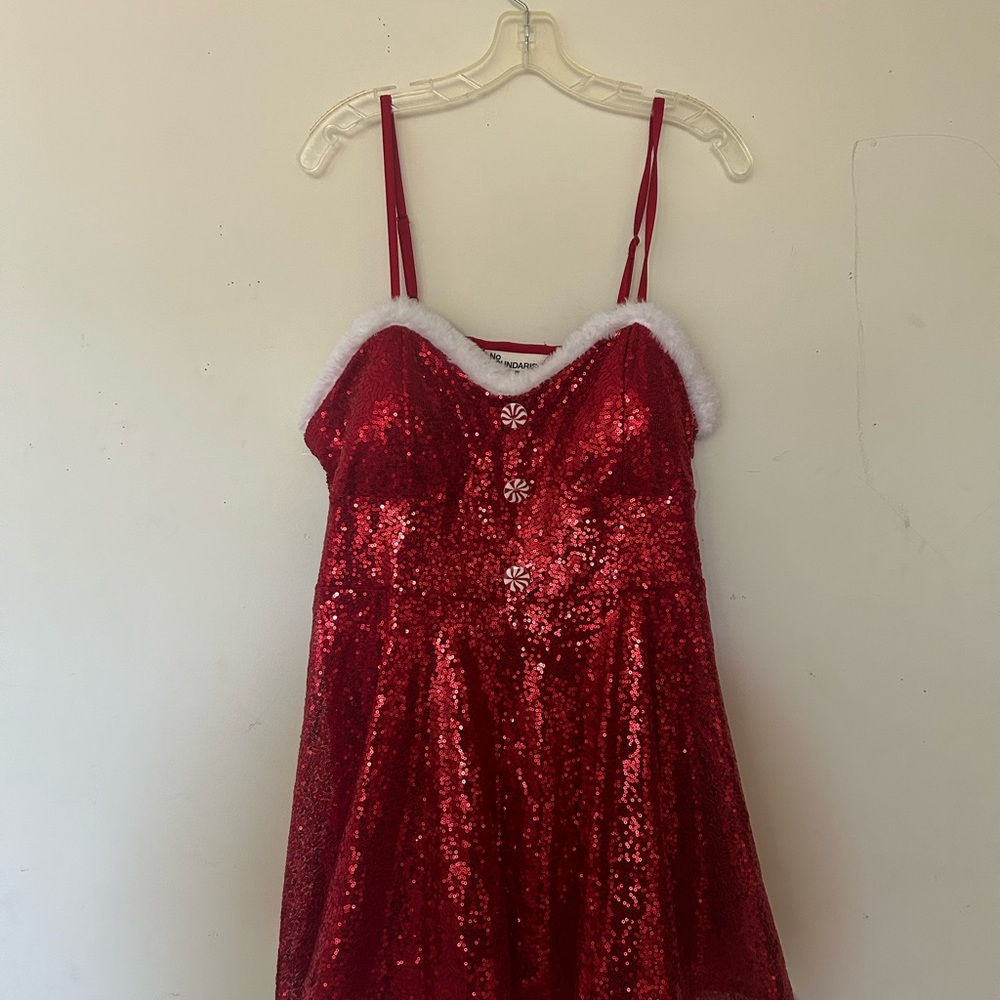 Christmas Red Sequin Dress with White Trim